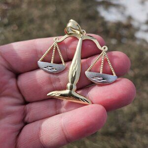 10K White & Yellow Gold Scales of Justice Pendant Charm 1.75 x 1.5 inches